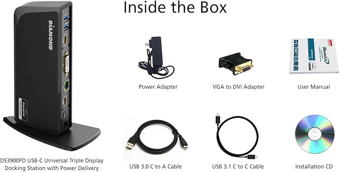 Diamond Multimedia DS3900PD Diamond Multimedia Triple Display 4K Universal Type-C Docking Station with Power Delivery (65W) for Mac and Windows Equipped Type-C/Thunderbolt 3 Laptops