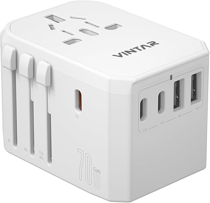 Universal Travel Adapter, VINTAR 70W GaN International Power Adapter with 5 USB Ports (3 USB-C), All-in-one Travel Essentials Plug Adaptor, Travel Adapter Worldwide for UK/EU/USA/AUS, White