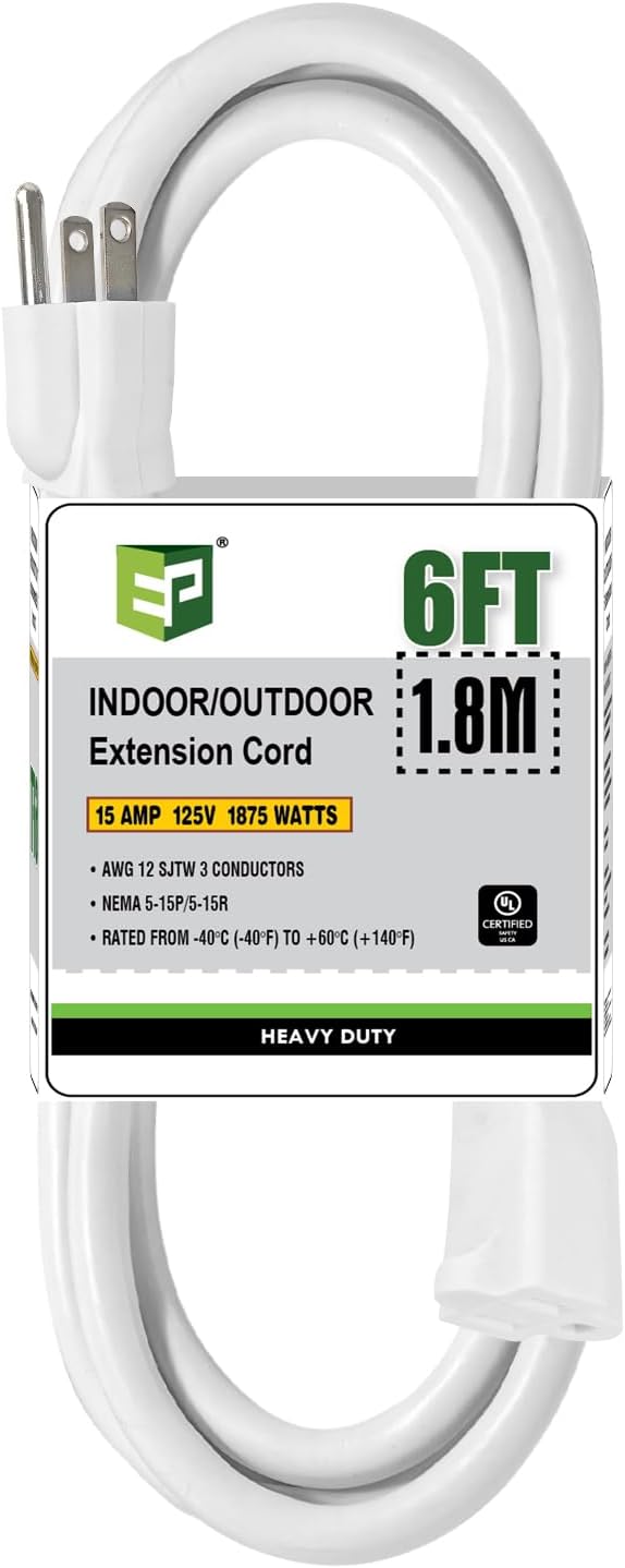 EP 6 Ft Outdoor Extension Cord, 12/3 SJTW Heavy Duty Extension Cable with 3 Prong Grounded Plug, 15 AMP Power Cord for Lawn, Garden, Appliances, White