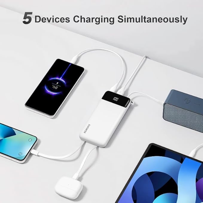 Power Bank 10000mAh Portable Charger with 4 Built-in Cables, Type-C in & Out Phone Charger, External Battery Charger Pack & Travel Essential for iPhone 16/15/14, Samsung, iPad, Android