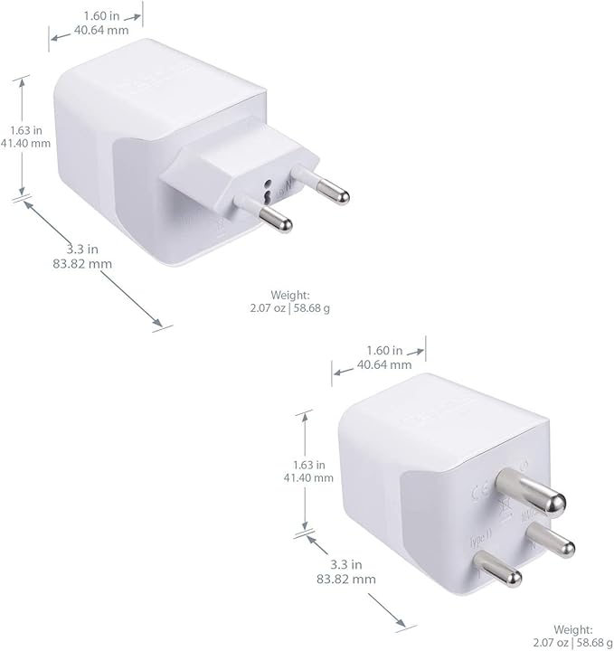Ceptics India Travel Plug Set - with 2 USB + USA Socket Input - Type C and Type D- Ultra Compact - Safe Grounded Perfect for Cell Phones, Laptops, Camera Chargers