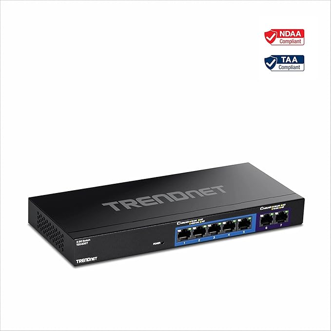 TRENDnet 7-Port Multi-Gig Gaming Switch, TEG-S327, 5 x 1G RJ-45 Base-T Ports, 2 x 2.5G RJ-45 Ports, 20Gbps Switching Capacity, Wall Mountable, Plug & Play, Lifetime Protection, Black