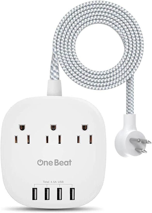One Beat Desktop Power Strip with 3 Outlet 4 USB Ports 4.5A, Flat Plug and 5 ft Long Braided Extension Cords for Cruise Ship Travel Home Office, ETL Listed