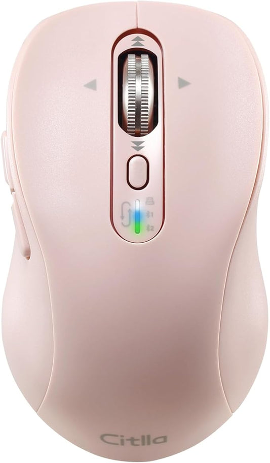 Wireless Bluetooth Mouse, Multi-Device,Portable Rechargeable, 4-Way Scroll,4 Level DPI,2.4G USB-A Receiver and Two Bluetooth, Silent Click for MacBook Air/Pro, iPad, Laptop, Computer, PC(Pink)