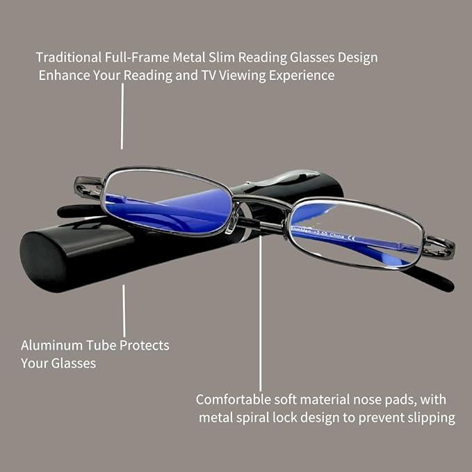 EZ Women Reading Glasses Men Blue Light Block Anti Eyestrain Slim Computer Reader Tube Small Glass Thin Compact
