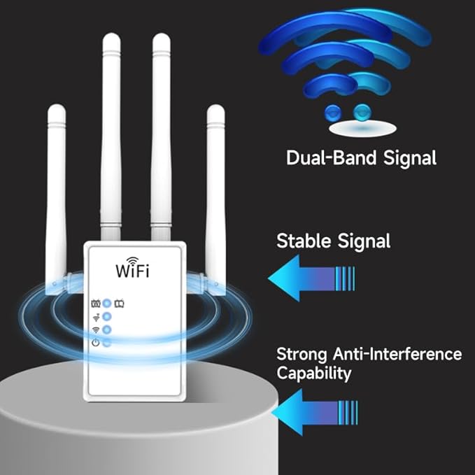 WiFi Extender WiFi Repeater 1200Mbps (AC1200) Dual Bands Signal Booster for 5000 sq.ft and 68 Devices, Big External Antenna x 4, RJ45 Port x 2, WiFi Range Amplifier, Easy 1-tap Setup