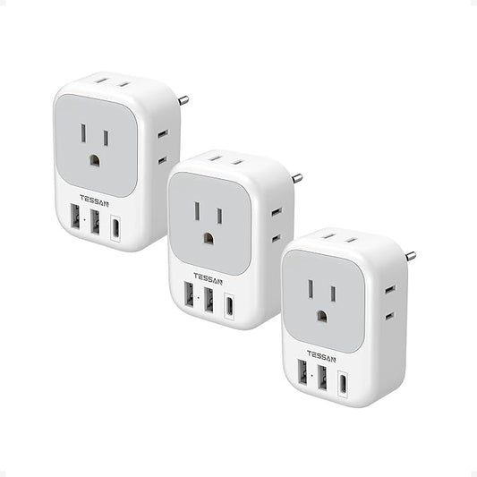 TESSAN European Travel Plug Adapter USB C 3 Pack, US to Europe Plug Adaptor with 4 AC Outlets 3 USB Charging Ports, Type C Power Adapter for USA to EU Euro Spain France Iceland Italy Germany Greece