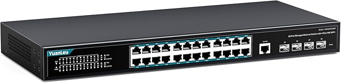 YuanLey 28 Port Gigabit Managed Switch with 24 10/100/1000Mbps RJ45 Ports, 4X 10Gbps SFP+, L3 Smart Managment Ethernet Switch, VLAN, QoS, ACL, SSL, Fanless, Compatible for Tp-Link, Netgear
