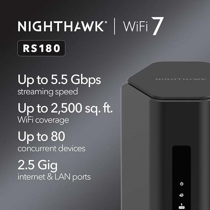 NETGEAR Nighthawk Dual-Band WiFi 7 Router (RS180) - Security Features, BE5500 Wireless Speed (up to 5.5 Gbps) - Covers up to 2,500 sq. ft., 80 Devices - 2.5 Gig Internet Port – Free Expert Help