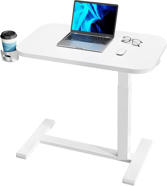 HUANUO Bedside Table with Wheels, Height-Adjustable Rolling Computer Cart, Overbed Table with Cup Holder, Pneumatic Laptop Standing Desk for Home Office, White (31.5" x 17.7")