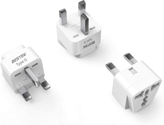 BESTEK UK Travel Plug Adapter Set, Grounded Universal Power Plug Adapter for USA to Type G Countries, UK, Ireland, Hong Kong and More-3 Packs