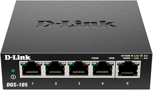 D-Link Ethernet Switch, 5 Port Gigabit Unmanaged Metal Desktop Plug and Play Compact (DGS-105/RE) (Renewed)