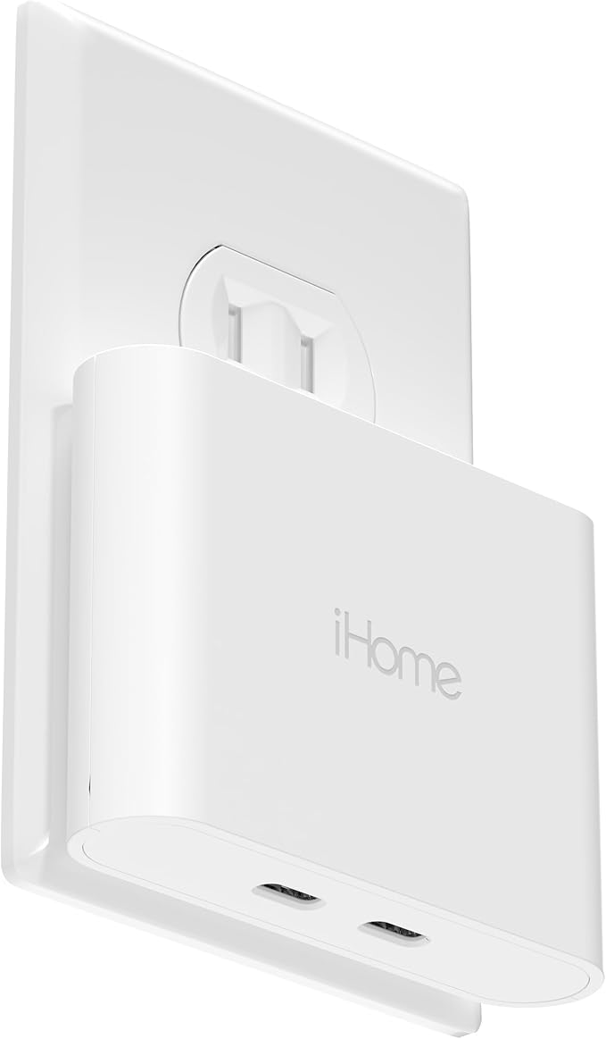 iHome Multiport 40W USB-C Charger, AC Pro 2-Port Flat Block, Dual Fast Charging Wall Adapter