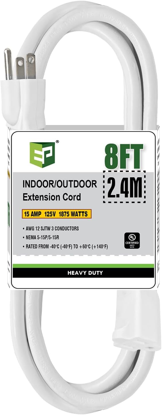 EP 8 Ft Outdoor Extension Cord, 12/3 SJTW Heavy Duty Extension Cable with 3 Prong Grounded Plug, 15 AMP Power Cord for Lawn, Garden, Appliances, White
