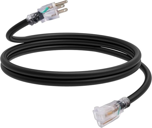 EP 6 Ft Outdoor Extension Cord, 12/3 SJTW Heavy Duty Waterproof Power Cable, 3 Prong Grounded Plug, Lighted End, for Lawn, Garden, Appliances, Black