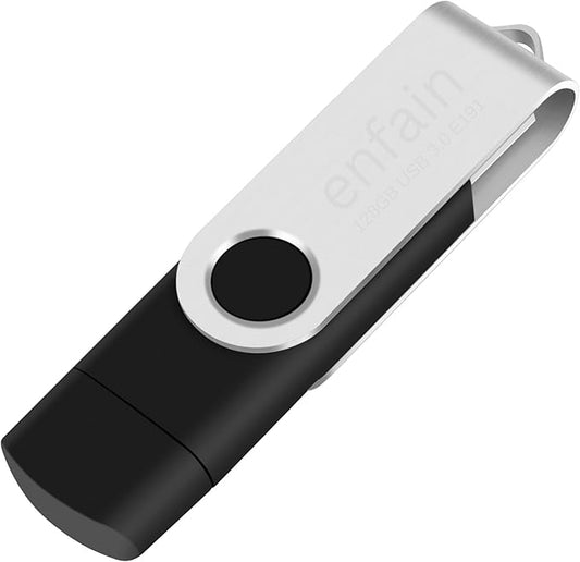 128GB Dual USB Type-C & USB 3.0 Flash Drive – Swivel Design, High-Speed, Portable Memory Stick for Phones, Laptops & PCs (Black, 1 Pack)