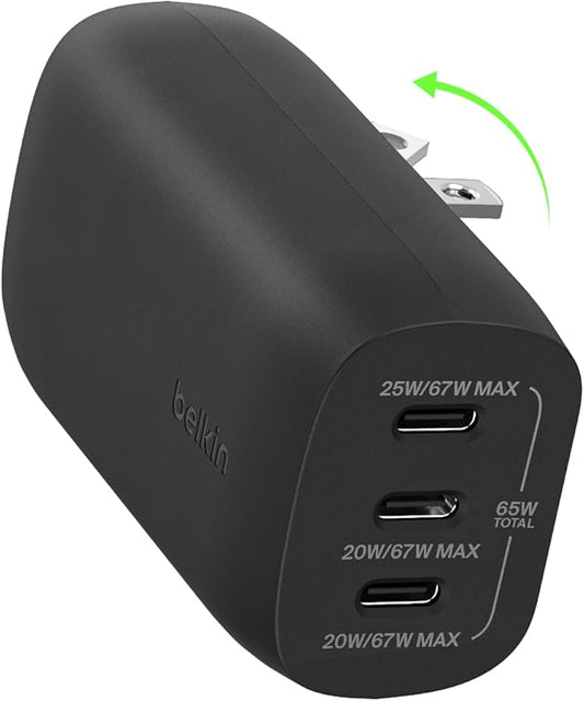 Belkin 3-Port USB C Charger Block w/PPS 67W, USB-C PD 3.1 Super Fast Charging - Samsung Galaxy S25, Apple iPhone 17, Air, Pro, Pro Max, MacBook, AirPods, Apple Watch, Nintendo Switch 2, etc. - Black