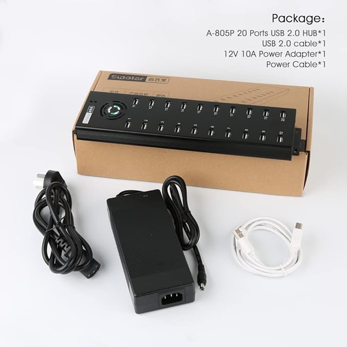 20 Ports Powered USB 2.0 Hub, Industiral USB Hub, USB Splitter 12V 10A External Power Adapter,Multiport USB Expander
