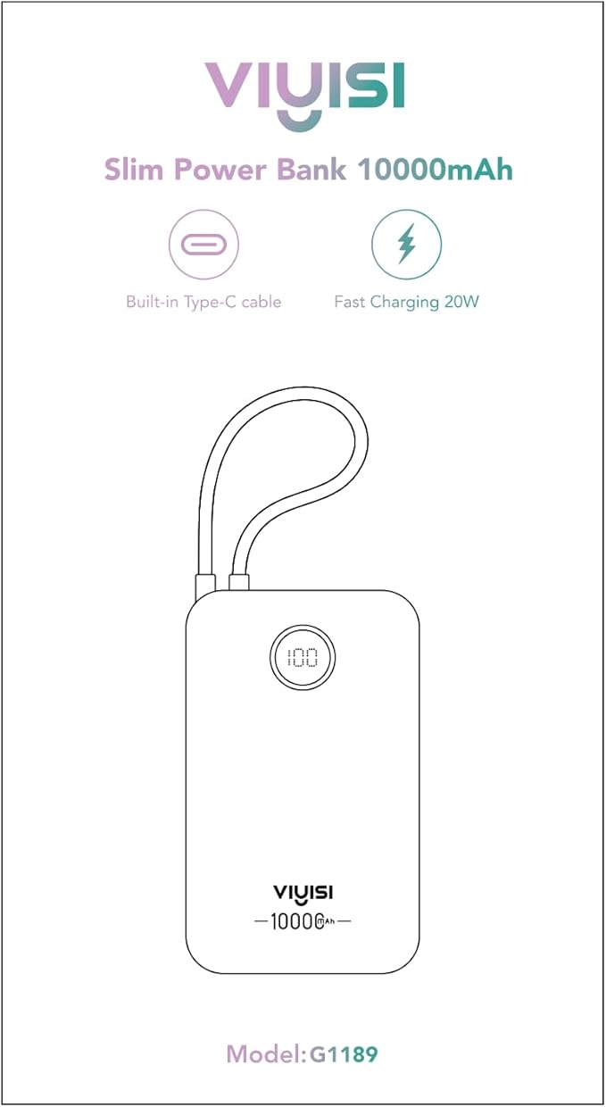 Slim Portable Charger 10000mAh, Travel Power Bank with Built-in USB-C Cable & LED Display, 22.5W Fast Charging Battery Pack Compatible with iPhone 16 15 Samsung S24 S23 -Pink