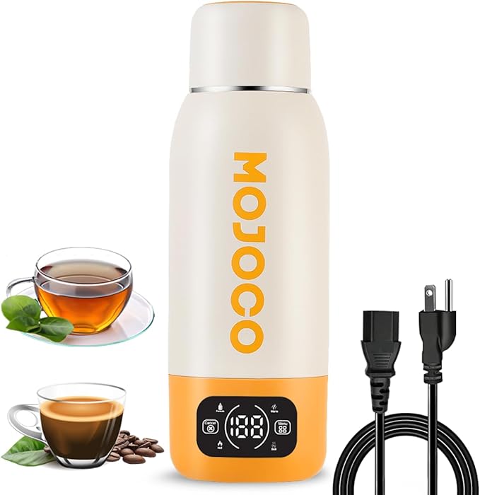 Mojoco Portable Electric Kettle - 20oz Leak Proof Travel Kettle for Coffee, Tea - Vacuum Insulated Stainless Steel Portable Water Boiler - Small Water Heater for RV, Camping