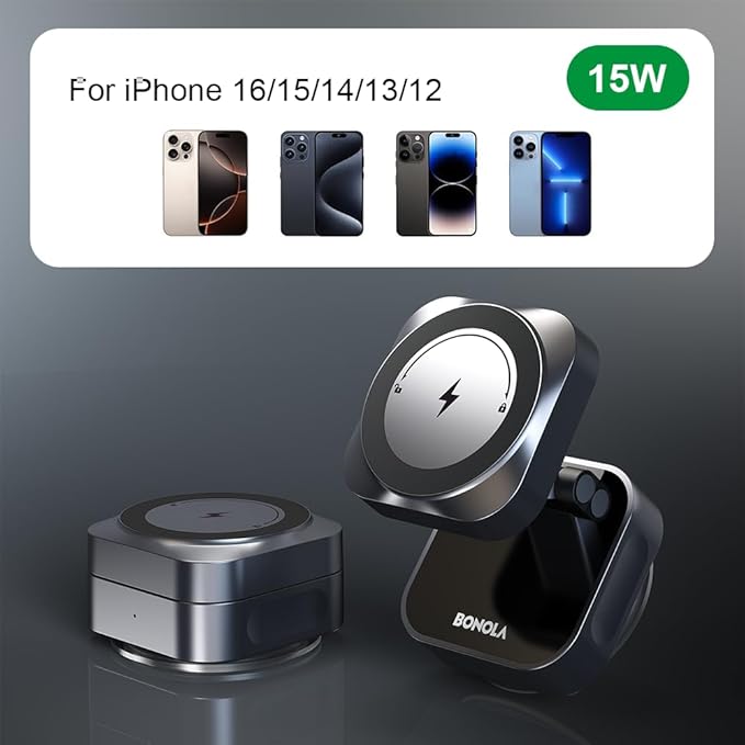 Vacuum Magnetic Suction Phone Holder, 15W Wireless Charger Foldable Suction Cup Stand for iPhone 17 16 15 14 13 12 Series, Portable Phone Mount Use in Car/Mirror/Glass/Screen/Smooth Surface