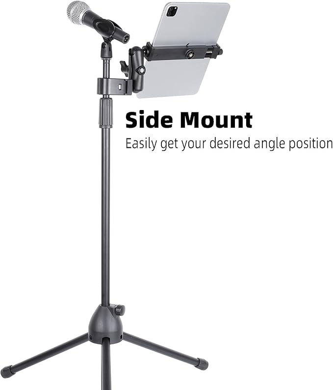 iPad Holder - Side Mount Tablet Holder for Mic Stand, Dual 360 Rotatable Adjustable for iPad Pro 12.9 Air Mini and Other 6.5-15" Tablets
