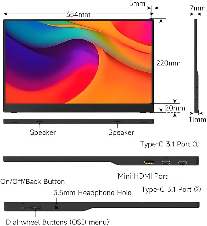 qaf 15.6 Inch Portable Monitor for Laptop, FHD 1080P USB-C HDMI Computer Monitor with 100% sRGB HDR IPS Display, Ultra-Thin Travel Second Screen Compatible with Laptop Mac PC Phone PS5 Xbox Switch