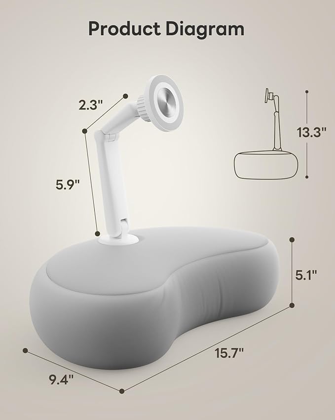 SAIJI Kindle Pillow Stand - Magnetic iPad Stand Compatible with Kindle, Tablet, iPad, iPhone, 360° Tablet Holder for Bed with Ergonomic Pillow and Dual-Jointed Arm, 2 Free Magnetic Sheets (Gray)