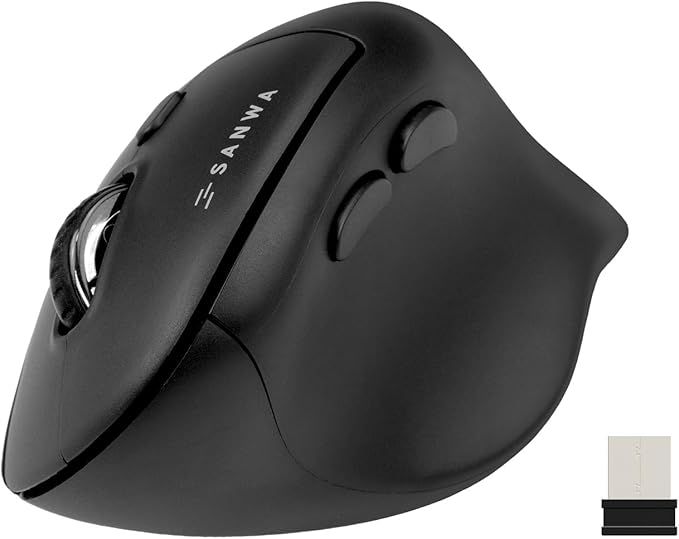 SANWA Multi Device Ergonomic Vertical Mouse, Silent Click, 5 Programmable Buttons, 2 Bluetooth 5.0 + 2.4G Wireless Ergo Mice for Medium Large Hands, Compatible with Windows, Mac OS, Laptop, PC, Black