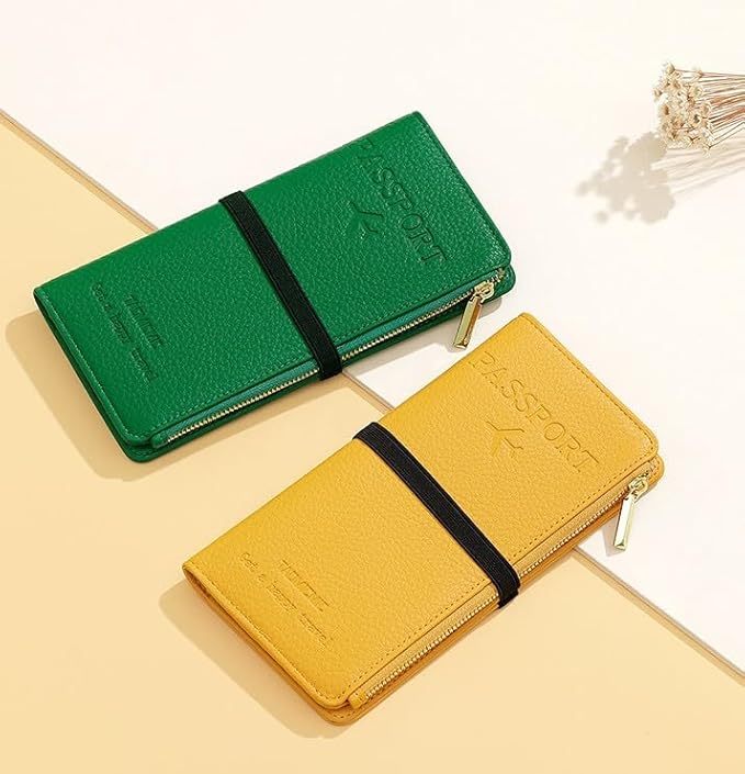 DOB SECHS Leather Passport Holder for Women, RFID Blocking Passport Wallet Credit Cards Case, Travel Accessories Organizer Pouch Bag with ID Window+Zippered Cash Pocket+SIM Slots, Green