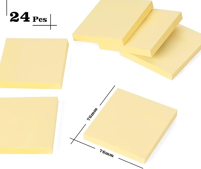 (24 Pads) Sticky Notes 3 x 3in,2400 pcs Yellow Self-Stick Notes,100 Sheets/Pad Bright Colors Post Pads,Super Sticky Pads Easy to Post Recyclable for Office,Shool,Home,Notebook,Meeting,Clean Removal