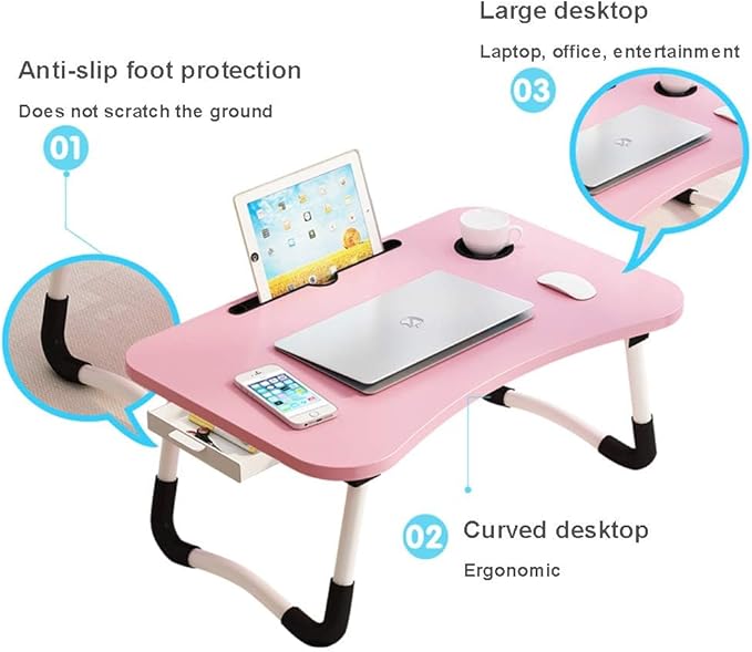 Lap Desk with Storage Drawer, Holders for Cup and Tablet, Tray Table with Foldable Legs, Laptop Bed Stand, Portable Standing Table for Sofa Couch Floor (23.6", Pink)
