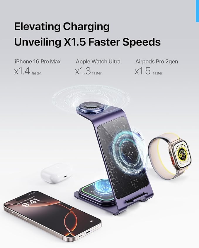 Intoval 3 in 1 Wireless Charging Station for iPhone 17 16 15 14 13 12 11 X Pro Max, Wireless Charger for Apple Watch Ultra 3 SE 9 8 7 6 5 4 3 2, for AirPods 4 Pro Pro 2 3 (Y93, Purple)