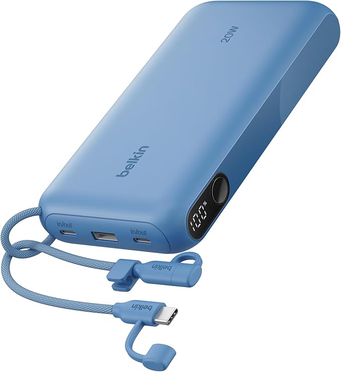 Belkin Portable Charger, USB-C Power Bank 20,000mAh w/ 2X USB-C Ports & 1x A Port, Digital Battery Display, 20W Charging - iPhone 17, Air, Pro, Samsung Galaxy S25, Pixel 10, iPad, & More - Blue