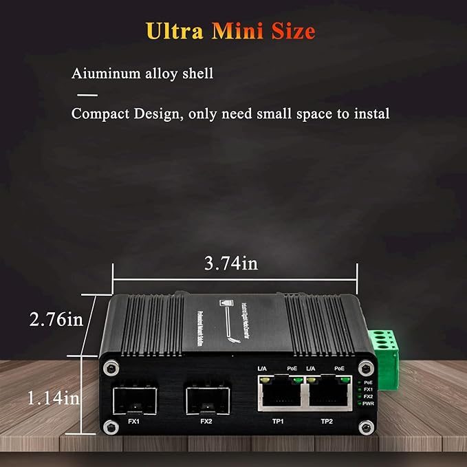 Mini 2-Port PoE Gigabit Ethernet Switch with Dual SFP Ports - Industrial-Grade Unmanaged Switch, 12~48VDC Input, 30W PoE+, Din-Rail or Wall Mount,Fast Connection,Plug and Play,Rugged Metal Case