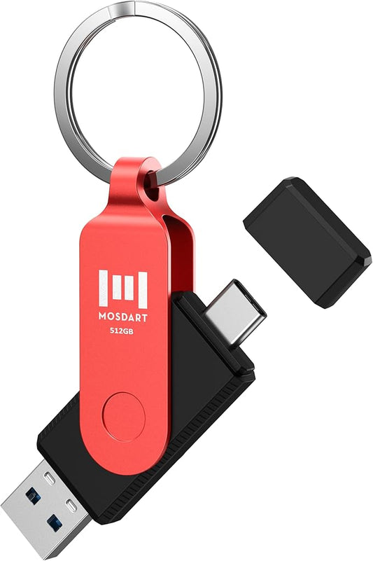 MOSDART 512GB USB3.1 Fast Speed C and A Dual Flash Drive, exFAT Memory Stick with Keychain and LED Indicator, for iPhone 15 and 16, Android Phone, iPad, MacBook, and Other Laptops, Red
