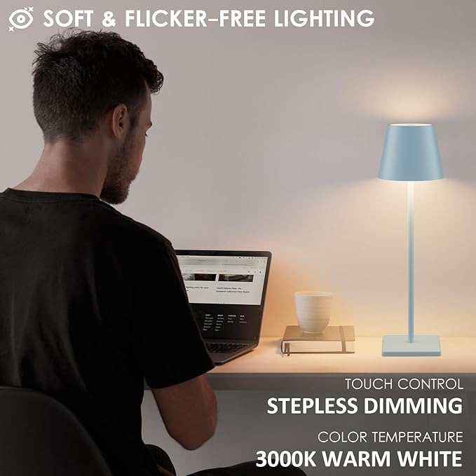 4 Packs Rechargeable LED Table Lamp,6000mAh Outdoor Cordless Desk Lamp Waterproof Portable, Stepless Dimmable Lamps for Restaurant/Bedroom/Outdoor (Blue)