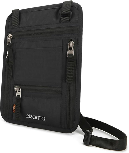 elzama Travel Neck Wallet, Neck Passport Holder, RFID Blocking Passport Wallet Super Slim & Lightweight Travel Pouch Holder for Men & Women (Black)