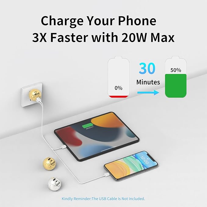 20W Dual Port Creative Golf Ball Charger Block， GaN III Power Adapter Fast Wall Charger with UL Certified, Fast Charging for iPhone 16/16 Pro/16 Pro Max/16 Plus/15/14/13/12, Galaxy, iPad, Airpods