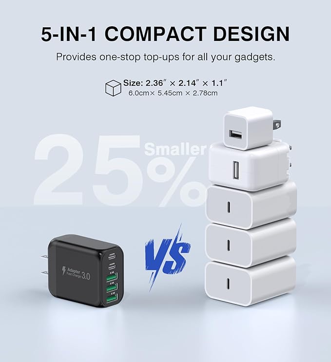[2-Pack]50W USB C Wall Charger Block, 5-Port C Charger Fast Charging Block PD Power Adapter +QC 3.0 Multiport Type C Box Brick Cube USB A Wall Plug for iPhone 14/15/16/17 Pro Max,Samsung Galaxy(Black)