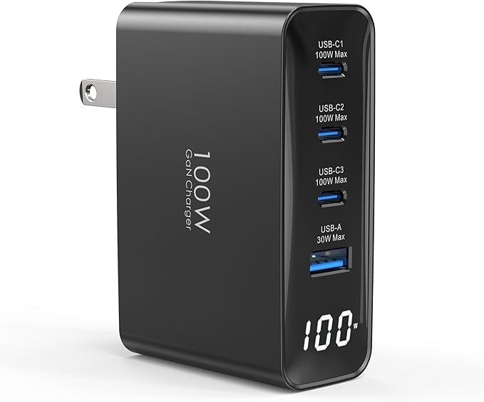 100W USB C Charger, 4-Port PD Fast Charging Block with LED Dispay, GaN Compact Foldable Laptop Charger for MacBook Pro/Air, iPad Pro, for iPhone 17/16/15 Pro Max, Galaxy S25/S24 Ultra, Steam Deck