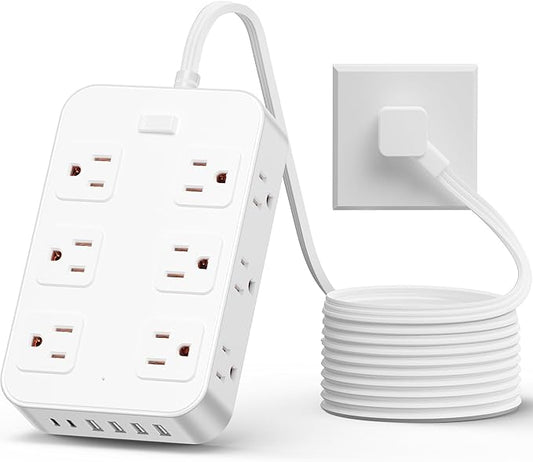 Flat Plug Power Strip Surge Protector with 12 AC Outlets 6 USB Ports 3 Side Multi Plug Outlet Extender 15 Ft Extension Cord for Home Office Kitchen Dorm Wall Desk Charging Station ETL Listed