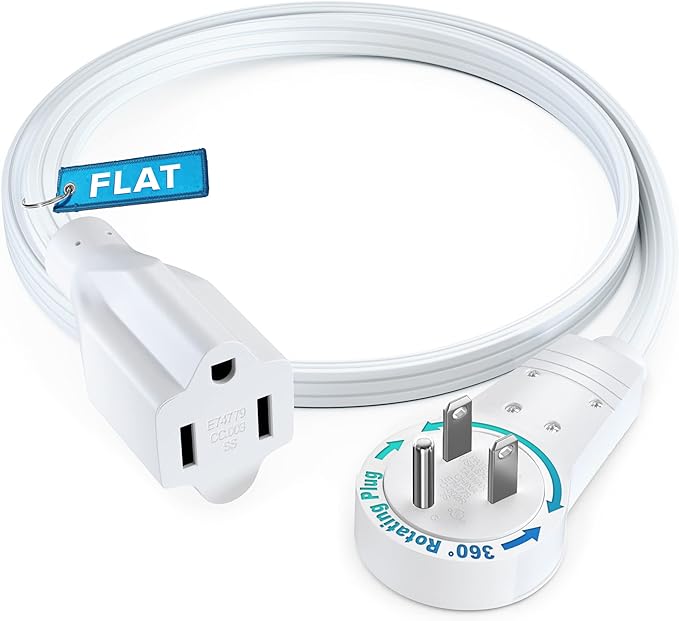 Maximm 360 Rotating Flat Plug Extension - 1ft Slim Space-Saving Plug Design, Low Profile Cord for Under Carpet (White)