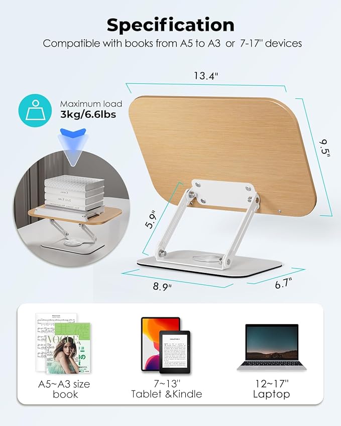 Viozon Book Stand for Reading,Book Holder, Height&Angle Adjustable, 360° Rotating Base, Foldable and Portable, Lightweight for Office, Kitchen, School Textbook, Recipe, Magazine,Kindle,Tablet LW