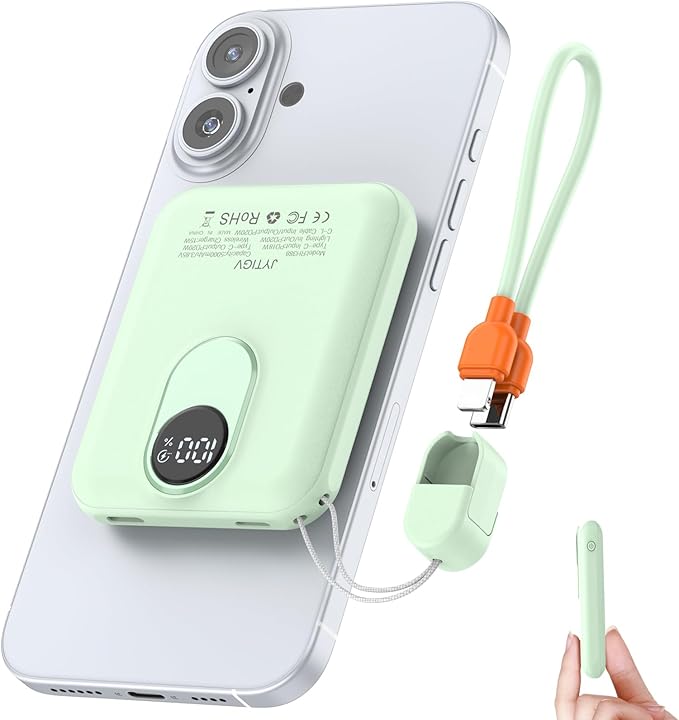 Small Magnetic Power Bank,5000mAh Mag-safe Battery Pack with 20W Fast Charging Detachable USB C&iOS cable,with LED Display,Slim Wireless Portable Charger for iPhone16/15/14/13/12 Series (Green)