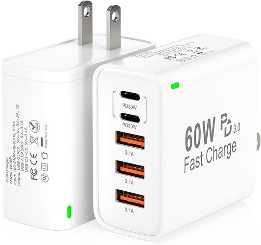 2Pack USB C Fast Charger Block, 60W 5-Port USB C Wall Charger 30W Type C Charging Block, 2USB C+3USB A PPS/PD 3.0 Multiport Charging Cube for iPhone 17 16 15 14 Pro Max,for Galaxy S25 S24 Ultra, i Pad
