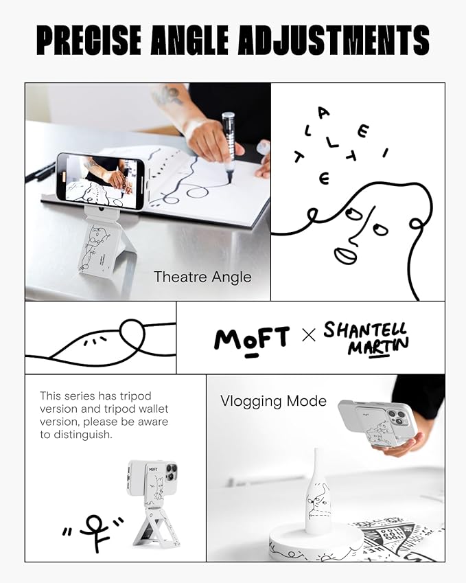 MOFT Phone Tripod Stand Selfie Stick x Shantell Martin for iPhone, Multi-Angles iPhone Stand, Lightweight & Portable Phone Holder, Strong Magnets, MOVAS Vegan Leather, Misty Cove (Without Card Slot)