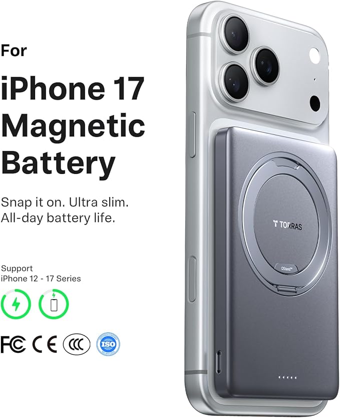 TORRAS Ostand MiniMag Power Bank, 5,000mAh Ultra Slim Magnetic Portable Charger with Stand, Fast Charging for iPhone Air Wireless Mag-Safe Battery Pack for iPhone 17/17 Pro/17 Pro Max/16/15/14, Gray