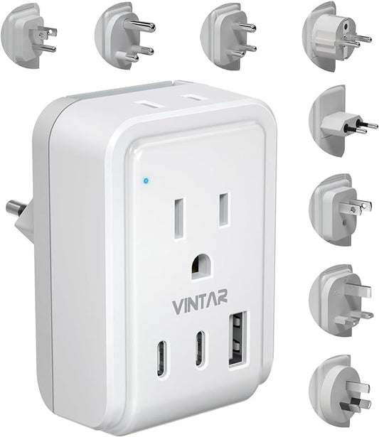 VINTAR Universal Travel Adapter Kit, International Power Adapter with 3 USB Ports(2 USB C) and 2 AC, Type A,B,C,D,E/F,G,I,M Detachable Attachments, Adapter for India/South Africa/Europe/UK