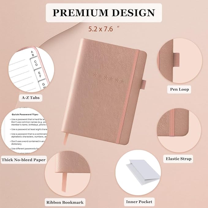 Password Book with Alphabetical Tabs – Hardcover Internet Address & Password Organizer – Password Keeper Notebook for Computer & Website – 5.2 x 7.6" Log-in Password Journal w/Thick Paper (Rose Gold)
